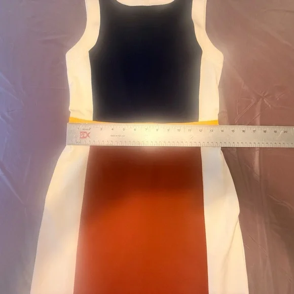 TORY BURCH Mya Navy Copper Colorblock Stretch Ponte Knit Sheath Dress XS = 0/2 - Picture 11 of 14